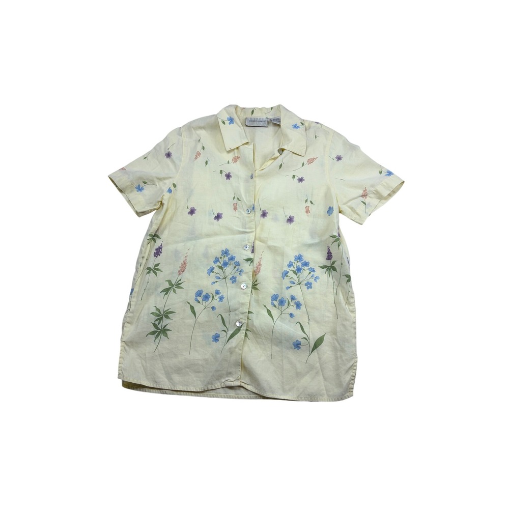 Vintage Lemon Grass Linen Cotton Floral Button Up Shirt Yellow Short Sleeve S